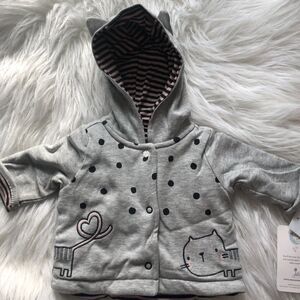 Mac & Moon Kids Jacket Gray Cotton Hoodie Front‎ Button 3/4 Sleeve Cat Dots